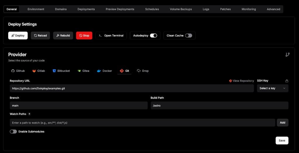 Dokploy deploy settings with provider and domain configuration